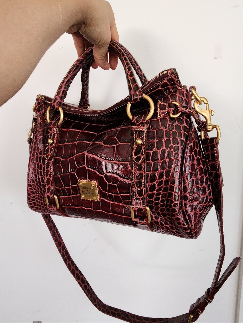 Dooney & Bourke Burgundy Croc-Embossed Satchel with Gold Hardware Accents